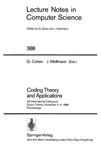 Coding Theory and Applications: 3rd International Colloquium Toulon, France, November 2–4, 1988 Proceedings