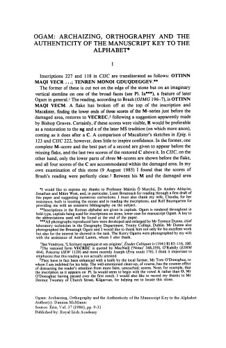Ogam: Archaizing, Orthography and the Authenticity of the Manuscript Key to the Alphabet