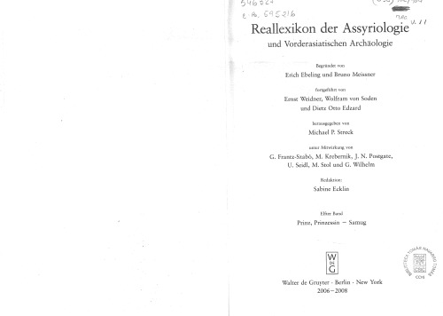 Reallexikon Der Assyriologie Und Vorderasiatischen Archaologie (Vol. 11: Prinz, Prinzessin - Samug)
