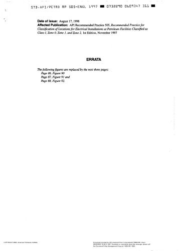 API RP 502, Recommended Practice for  Classification of Locations for  Electrical Installations at  Petroleum Facilities Classified as  Class I, Zone O,  Zone 1, and Zone 2