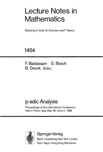 p-adic Analysis: Proceedings of the International Conference held in Trento, Italy, May 29–June 2, 1989