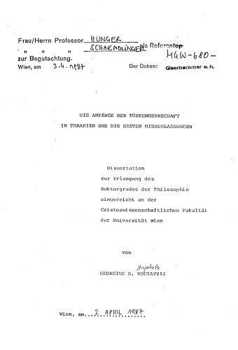 Die Anfänge der Türkenherrschaft in Thrakien und die ersten Niederlassungen