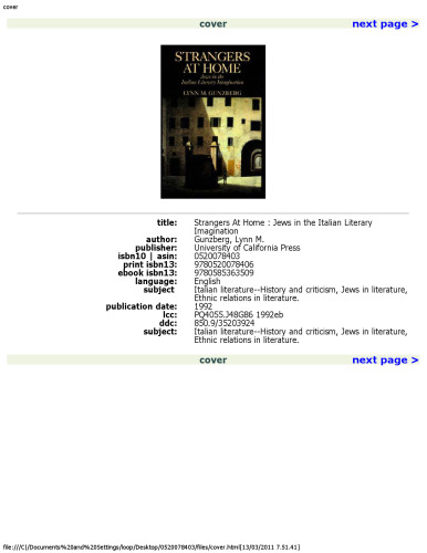 Strangers at Home: Jews in the Italian Literary Imagination