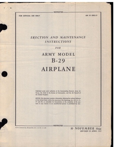Erection and Maintenance Instructions for Army model B-29 Airplane