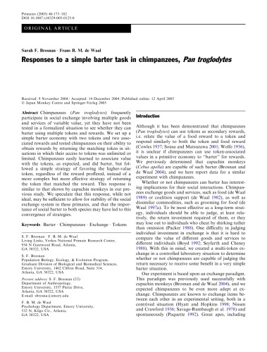Responses to a simple barter task in chimpanzees, Pan troglodytes