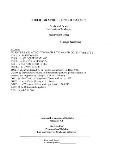 Introductory course in diff. equations for students in classical and engineering colleges