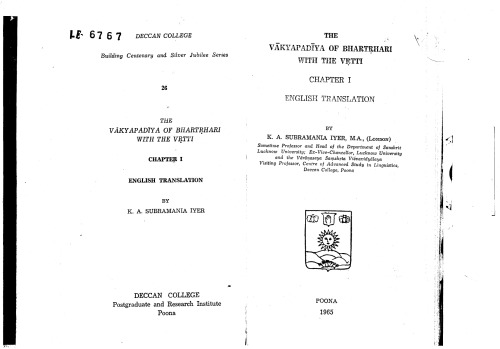 The Vakyapadiya of Bhartrhari with the Vrtti, Chapter 1