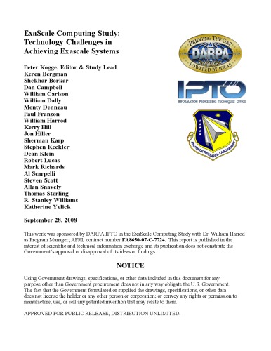 ExaScale Computing Study: Technology Challenges in Achieving Exascale Systems