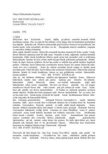 Dostoyevski Ölü Bir Evden Hatıralar