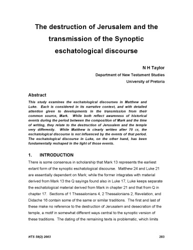 The destruction of Jerusalem and the transmission of the Synoptic eschatological discourse