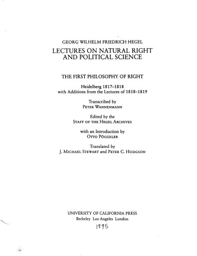 Lectures on Natural Right and Political Science: The First Philosophy of Right