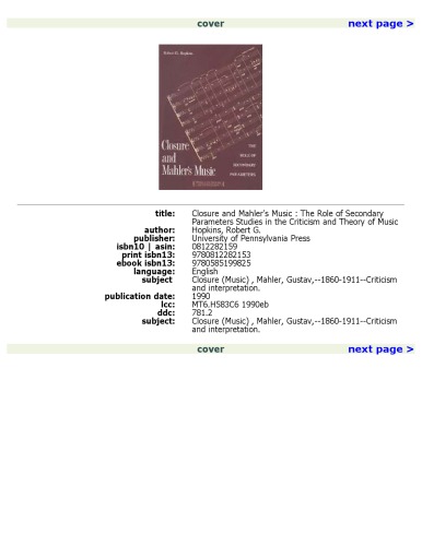 Closure and Mahler's Music: The Role of Secondary Parameters (Studies in the Criticism and Theory of Music)