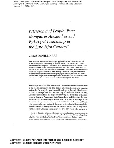 Patriarch and People: Peter Mongus of Alexandria and Episcopal Leadership in the Late Fifth Century