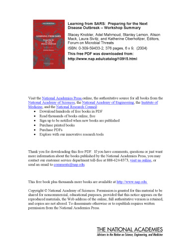 Learning from SARS: Preparing for the Next Disease Outbreak -- Workshop Summary