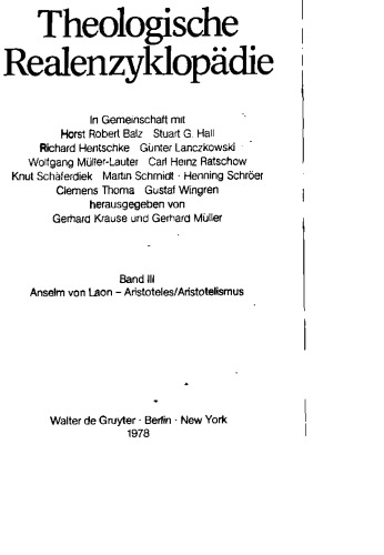 Theologische Realenzyklopädie, Bd 3: Anselm von Laon - Aristoteles   Aristotelismus