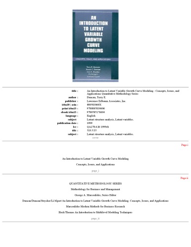 An Introduction to Latent Variable Growth Curve Modeling: Concepts, Issues, and Applications (Quantitative Methodology Series)