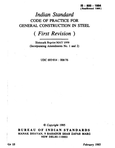 INDIA STANDARD CODE OF PRACTICE FOR GENERAL CONSTRUCTION, IN STEEL