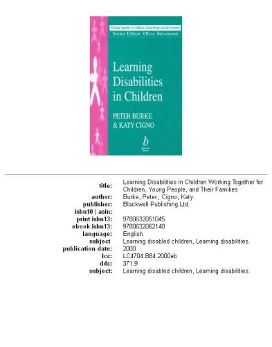 Learning Disabilities in Children (Working Together For Children, Young People And Their Families)