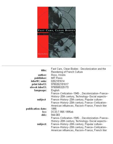 Fast Cars, Clean Bodies: Decolonization and the Reordering of French Culture (October Books)