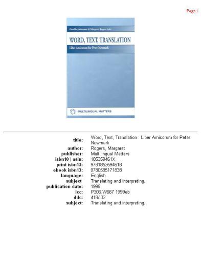 Word, Text, Translation: Liber Amicorum for Peter Newmark