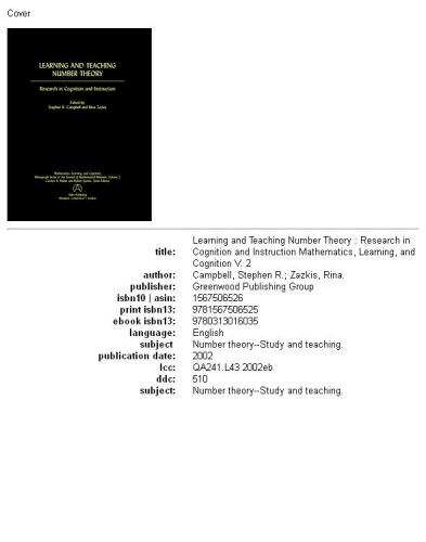 Learning and Teaching Number Theory: Research in Cognition and Instruction (Mathematics, Learning, and Cognition: Monograph Series of the Journal of Mathematical Behavior)