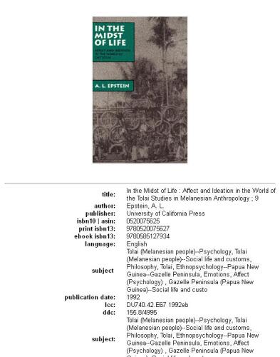 In the Midst of Life: Affect and Ideation in the World of the Tolai (Studies in Melanesian Anthropology, No 9)