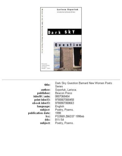 Dark Sky Question (Barnard New Women Poets Series)