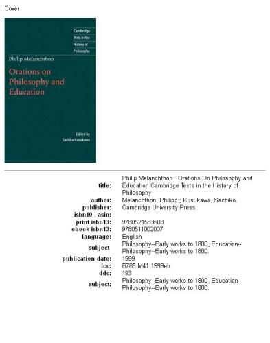 Philip Melanchthon: Orations on Philosophy and Education