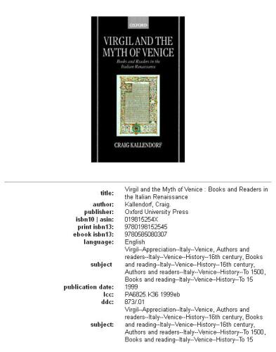 Virgil and the Myth of Venice: Books and Readers in the Italian Renaissance