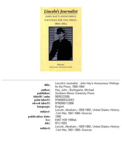 Lincoln's Journalist: John Hay's Anonymous Writings for the Press, 1860 - 1864