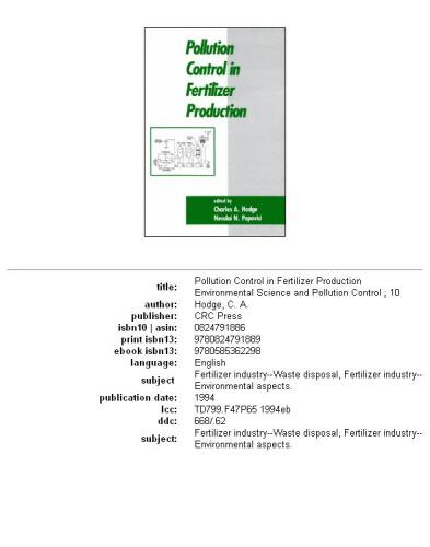 Pollution Control in Fertilizer Production (Environmental Science and Pollution Control Series)