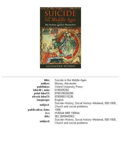 Suicide in the Middle Ages: Volume I: The Violent against Themselves