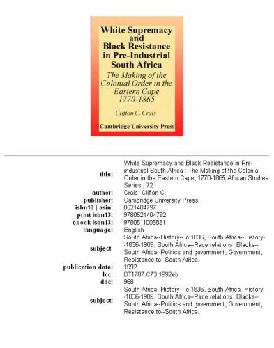 White Supremacy and Black Resistance in Pre-industrial South Africa: The Making of the Colonial Order in the Eastern Cape, 1770-1865 (African Studies)