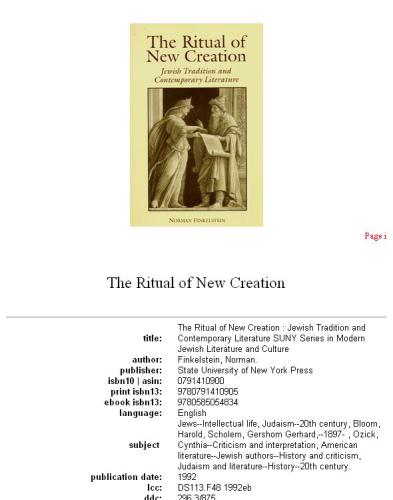 The Ritual of New Creation: Jewish Tradition and Contemporary Literature (S U N Y Series in Modern Jewish Literature and Culture)