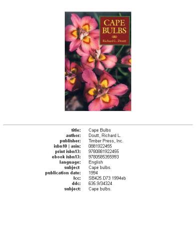 Cape Bulbs: Their Collection, Cultivation and Conservation