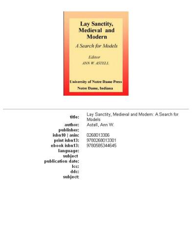 Lay Sanctity, Medieval and Modern: A Search for Models