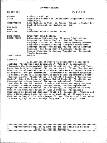 Papers and Studies in Contrastive Linguistics, Volume 21