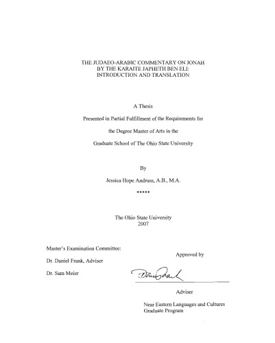 The Judaeo-Arabic Commentary on Jonah by the Karaite Japheth ben Eli : Introduction and Translation