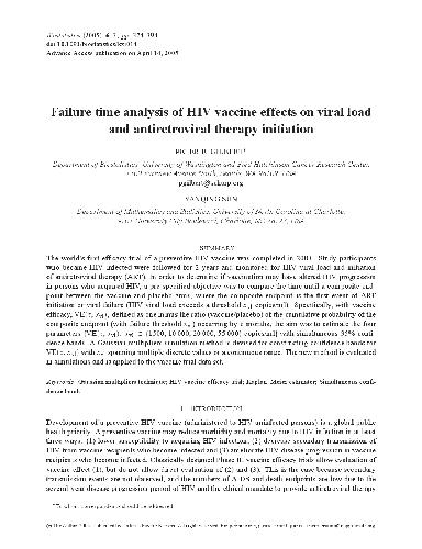Failure time analysis of HIV vaccine effects on viral load and antiretroviral therapy initiation