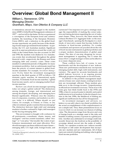 Global Bond Management II: The Search for Alpha