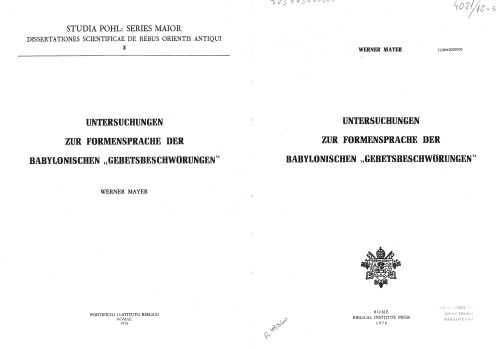 Untersuchungen zur Formensprache der babylonischen 'Gebetsbeschwörungen'