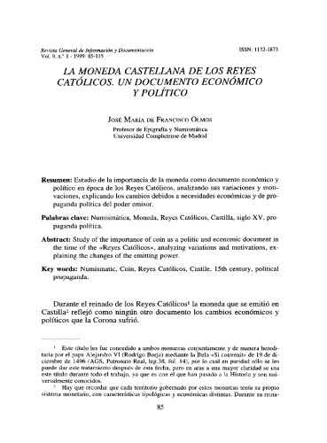 La moneda castellana de los Reyes Católicos. Un documento económico y político