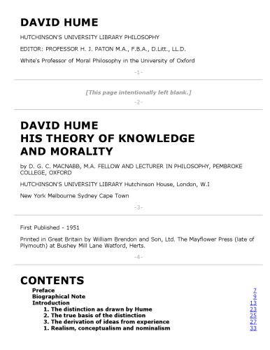 David Hume: His Theory of Knowledge and Morality