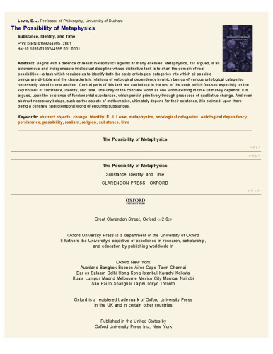 The Possibility of Metaphysics: Substance, Identity, and Time