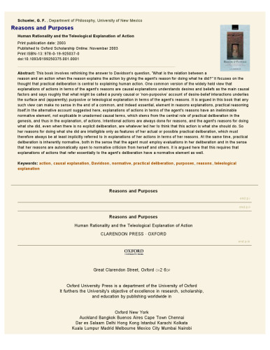 Reasons and Purposes: Human Rationality and the Teleological Explanation of Action