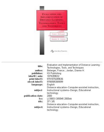 Evaluation and Implementation of Distance Learning: Technologies, Tools and Techniques