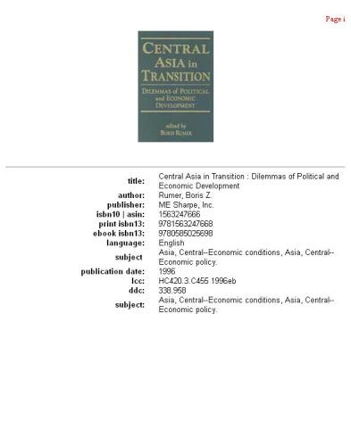 Central Asia in Transition: Dilemmas of Political and Economic Development
