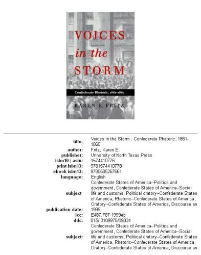 Voices in the Storm: Confederate Rhetoric, 1861-1865 (War and the Southwest Series, No 8)