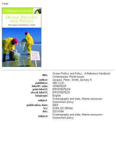 Ocean Politics and Policy: A Reference Handbook (Contemporary World Issues)