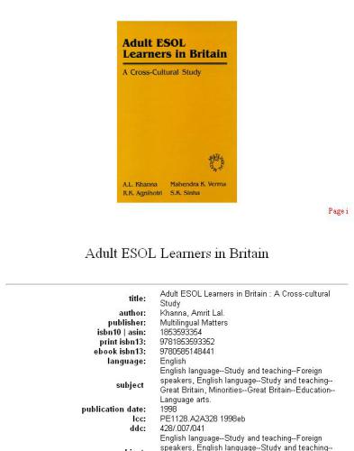 Adult Esol Learners in Britain: A Cross-Cultural Study